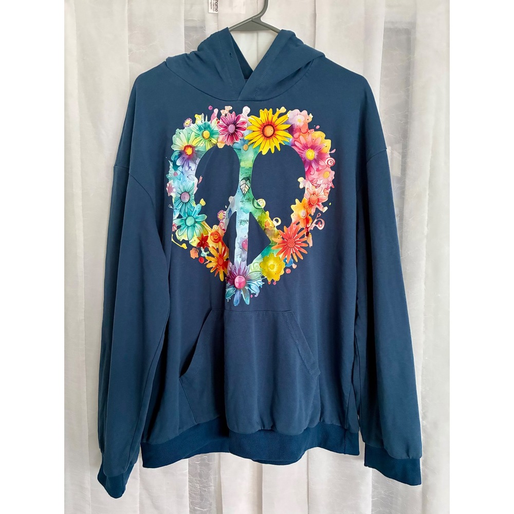 Floral Peace Sign Graphic Hoodie Teal Blue Long Sleeve Pullover Size L